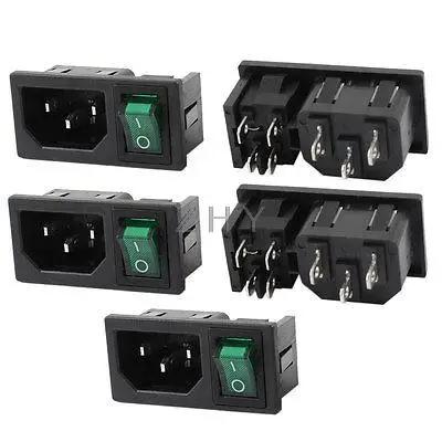 

5 Pcs 4P DPST Green Light Rocker Boat Switch IEC320 C14 Power Socket AC 10A 250V