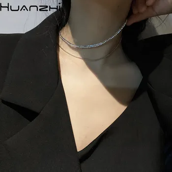 

HUANZHI 2020 New Trendy Simple Multi-layer Snake Bone Rhinestone Clavicle Chain Choker Necklace for Women Vacation Jewellery