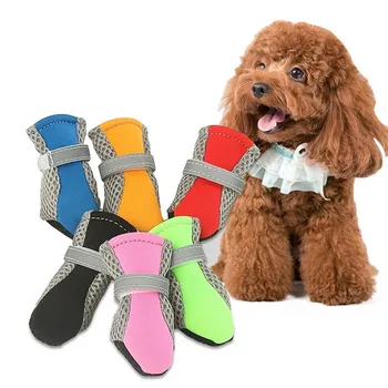 

4Pcs/Set Spring Summer Dog Shoes Anti-slip Pet Boots Paw Protector Reflective Straps Dog Chihuahua Teddy Breathable Net shoes