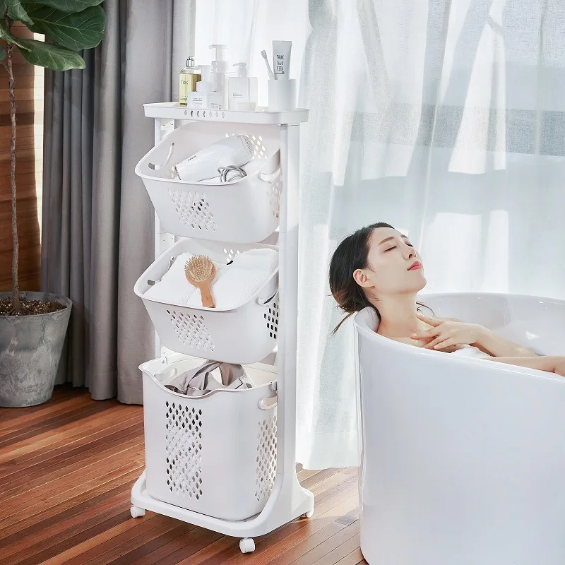 

With Roller Laundry Basket Plastic Multi-functional Bathroom Shelf Three Layer Hand Laundry Basket Household