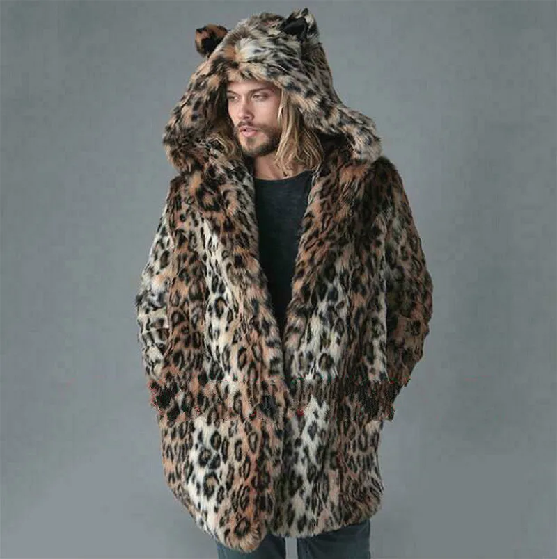 Nieuwe Mens Big Size Leopard Gedrukt Faux Bontjas Warm Hooded Korte Jas Mode Bont Jas voor Mannen Bontjas parka Uitloper