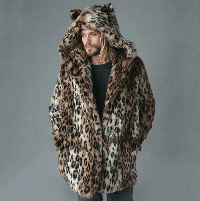 Nieuwe Mens Big Size Leopard Gedrukt Faux Bontjas Warm Hooded Korte Jas Mode Bont Jas voor Mannen Bontjas parka Uitloper Nieuwe Mens Big Size Leopard Gedrukt Faux Bontjas Warm Hooded Korte Jas Mode Bont Jas voor Mannen Bontjas parka Uitloper