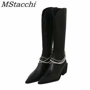 

Mstacchi Pearl Rhinestone Chain Stretch High Boots Side Zipper Sexy Pointed Solid Color Mature Fashion Female Shoes Buty Damskie