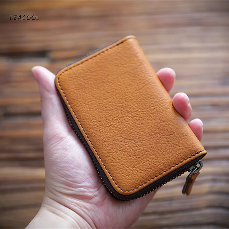 

LEACOOL Genuine Leather Men Women Card Holder Small Zipper Wallet Solid Coin Purse Accordion Design ID Business Credit Card Bags