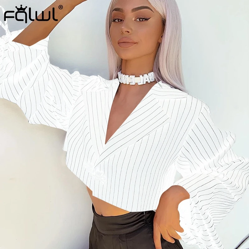 

FQLWL Striped Lace Up Blazer Women Coat Turn Down Collar Long Sleeve Office Lady Short Jacket Women Outwear Autumn Ladies Jacket