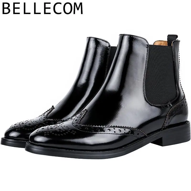 

BELLECOM Chelsea Woman Flat Bottom Single Boots And Naked Cloth Locke Carving Short Boots England Bright Leather Circle Head