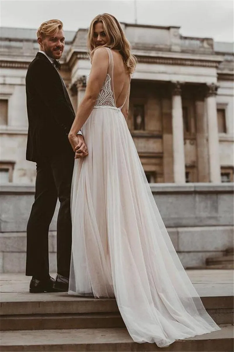 SWEMILE богемное кружевное пляжное свадебное платье Robe de Mariee сексуальные открытые сзади Свадебные платья с бусинами Vestido De Noiva