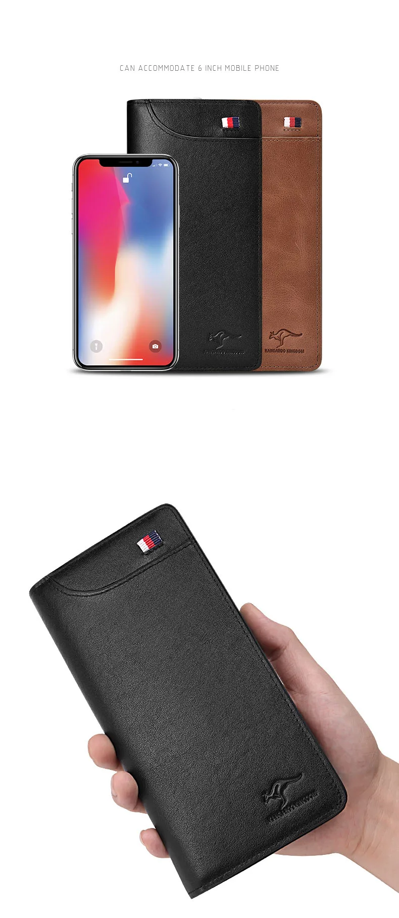 KANGAROO KINGDOM fashion luxury brand men wallets genuine leather long zipper clutch purse large capacity card holder phone wall