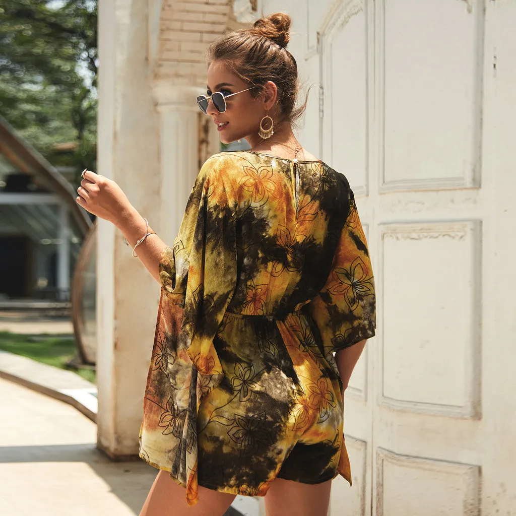 Женские модные комбинезоны Boho Dye Print комбинезон летние короткие комбинезоны для женщин комбинезон женский рукав летучая мышь пляжный комбинезон
