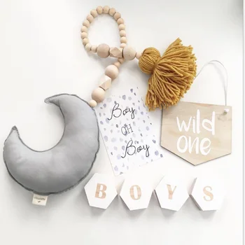 

Nordic Wooden Beads Ornament Double Moon Kids Room Decoration Baby Crib Tent Hanging Pendant Wall Decor Photography Props