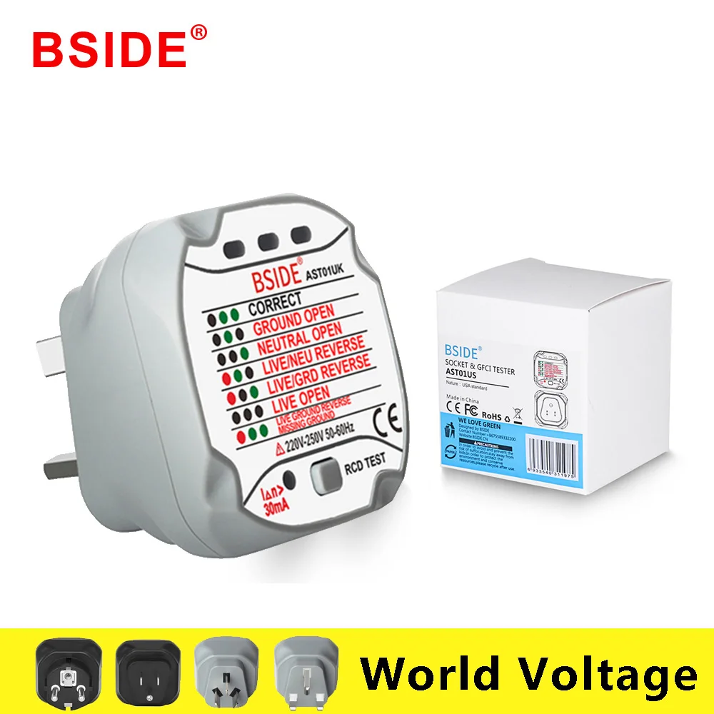 

BSIDE AST01 Socket Tester Outlet Tester EU Plug Automatic Electric Circuit Polarity Voltage Detector Wall Plug Breaker Finder