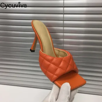 

New Square Toe High Heels Slippers Wome Rhombus Sewing thread Designer Mules Thin High Heel Sandals Summer Runway Party Shoes
