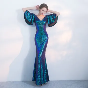 

Bling Long Blue Cheongsam Sequins Lady Sexy Evening Party Dress Elegant Mermaid V-Neck Qipao Butterfly Sleeve Robe De Soiree