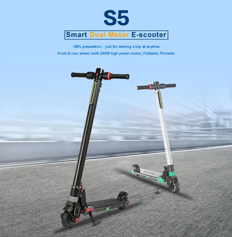 Складной электрический скутер из углеродного волокна S5 с двойным двигателем 500 Вт, Электрический скутер для взрослых с батареей