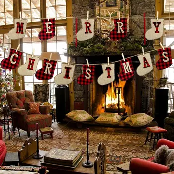 

Merry Christmas Banner Stocking Sock Shaped Decoration Hanging Bunting Ornaments