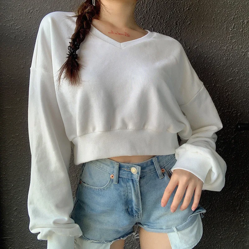 

Women Pullover Top V-neck Sweatshirt Tops Autumn Casual Long-sleeved Fashion Solid Color Short Style Pullovers Sweatshirt New