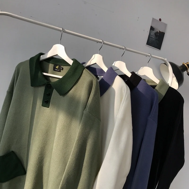 Autumn Polo Sweater Men Warm Fashion Contrast Casual Lapel Knit Sweter Man Clothes Streetwear Loose Long Sleeve Pullover Men Autumn Polo Sweater Men Warm Fashion Contrast Casual Lapel Knit Sweter Man Clothes Streetwear Loose Long Sleeve Pullover Men