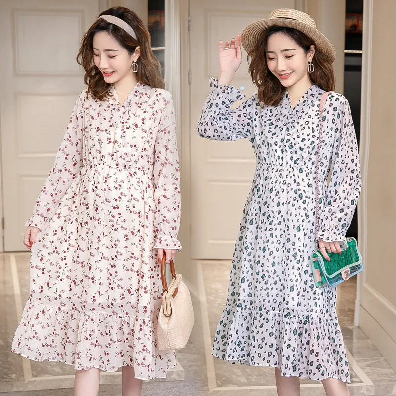 

2019 New Style Fashion Set Spring And Autumn Long Sleeve Mid-length Loose-Fit V-neck Floral-Print Chiffon Pregnant Women Dress N