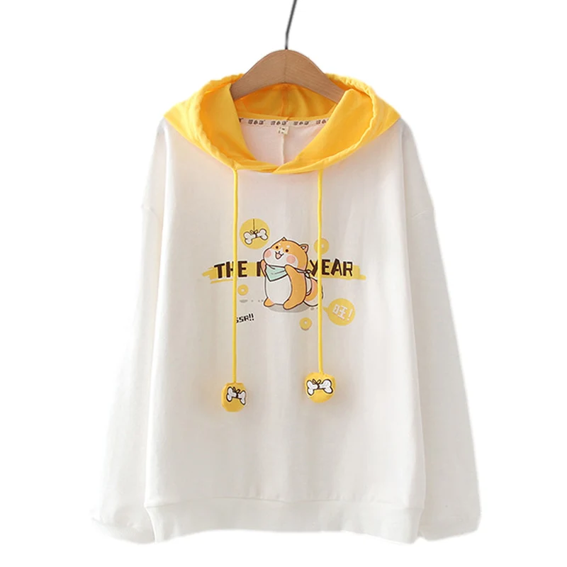 Kawaii Cartoon Print Hoodie Girls Autumn Preppy White Pullover Cute Clothes Women Long Sleeve Funny Dog Anime Graphic Sweatshirt