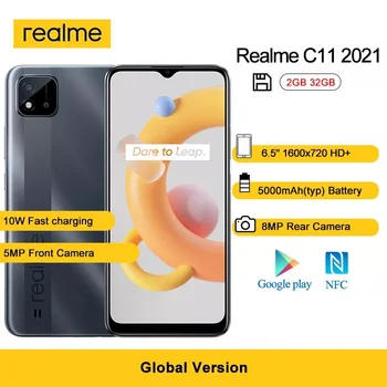 Realme-teléfono inteligente C11 2021, 2GB de RAM, 32GB de ROM, pantalla grande de 6,5 pulgadas, cámara de 8MP, batería de 5000mAh, compatible con Play Store en varios idiomas, NFC