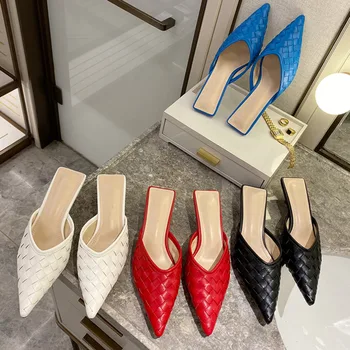

Women Mules Leather Slippers Designers Outside 3cm Thin High Heels Sandals 2020 Summer Ladies Sexy Slides Woman Shoes Red Black
