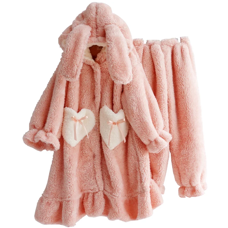 Детская одежда для сна; пижамы для девочек; зимняя теплая одежда из плотного флиса кораллового цвета; фланелевый Халат с длинными рукавами и рисунком кролика; банный халат; домашняя одежда; высокое качество