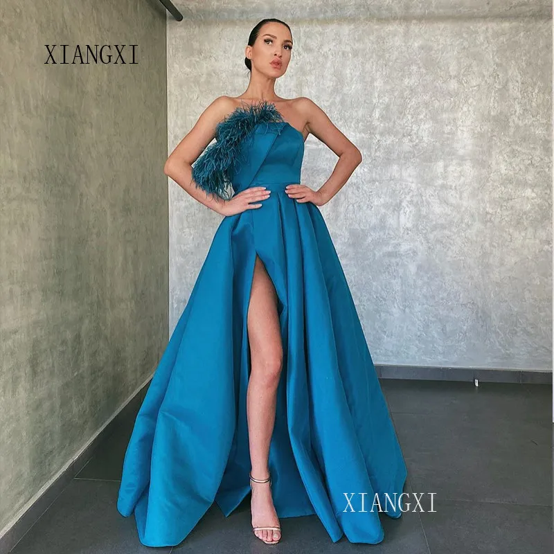 

Elegant Blue Evening Dress 2019 Satin A-Line One Shoulder High Split Long Evening Dresses Formal Gowns Vestidos de festa