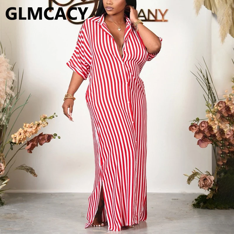 Short Sleeve Striped Button Down Maxi 