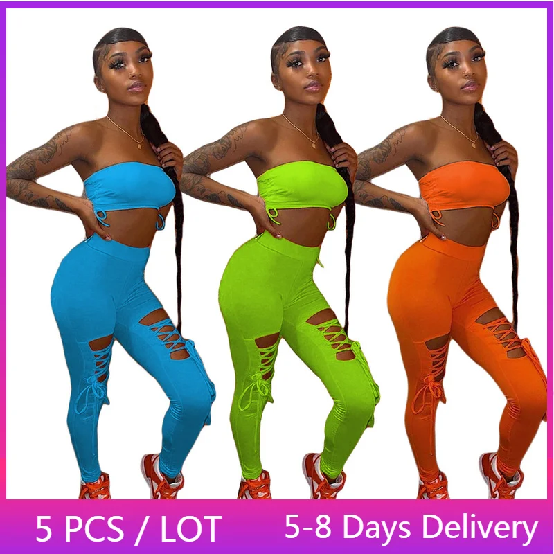 

Wholesale Items Bandage Club Outfits for Women Party Backless Crop Top Lace-up Cut Out Pants Set Clubwear Skinny Two Piece Set