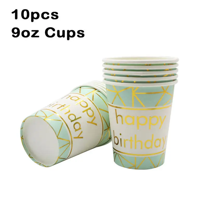 Cups 9oz 10pcs Товары для празднования дня рождения зеленая позолоченная бумажная тарелка одноразовая посуда салфетки для стаканчиков бумажные соломинки Беби-Шауэр декор для детей и взрослых - Цвет: Cups 9oz 10pcs