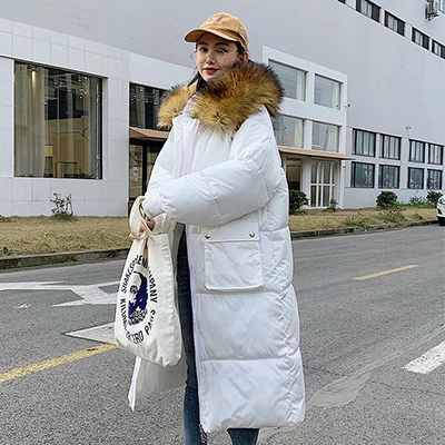 White-2 Solid Fur Hooded Long Down Coat Women Harajuku Winter Loose Windproof Thicken Down Jackets Female Korean Plus Size Parka Coats - Цвет: White-2