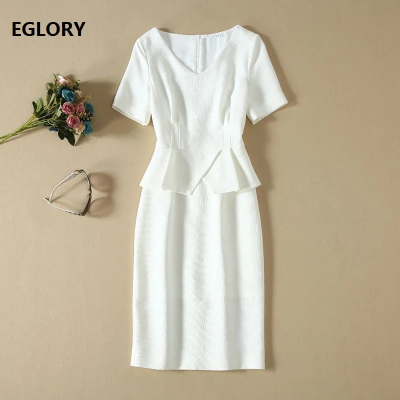 

Elegant Work Dress 2019 Autumn Fashion Business Inspired Women V-Neck Short Sleeve Mid-Calf Length White Pencil Dress Peplum