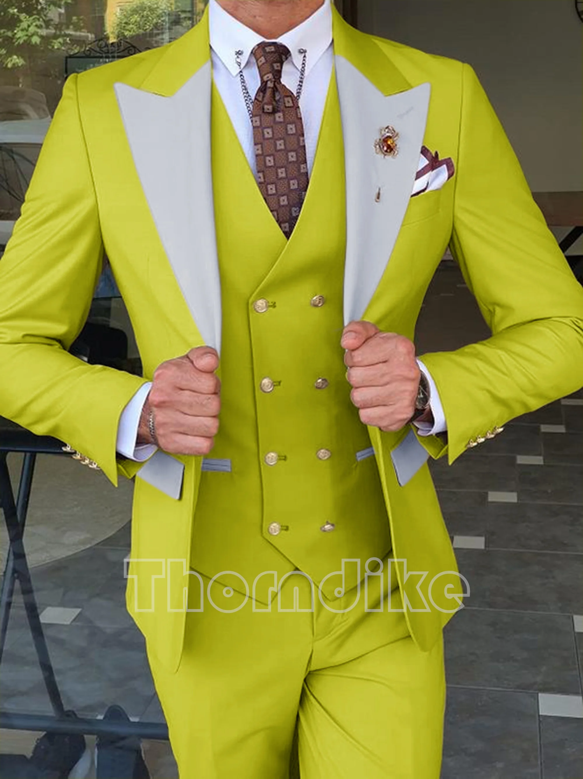 Thorndike Latest Design Silver Peak Lapel Men Suit Pink Custome Homme Fashion Blazer Slim Fit 3 Pieces (Jacket+Vest+Pants)