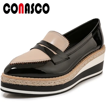 

CONASCO Fashion Concise Casual Spring Summer New Genuine Leather Women Flats Lacery Pointed Toe Wedge Flat Platform Shoes Woman
