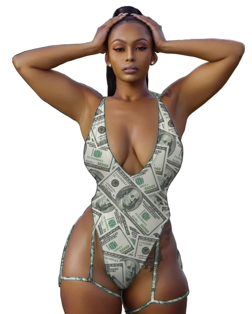 Beach style sexy deep v-neck triangle shorts lady bodysuits dollar print catsuits hollow out design sexy sports bodysuits