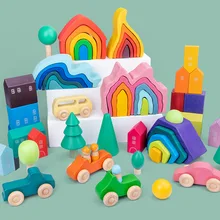 Jouets en bois pour bébés, blocs de construction à empiler arc-en-ciel, arbre en bois non peint, voiture, volcan, corail, vague de mer, jouet Montessori