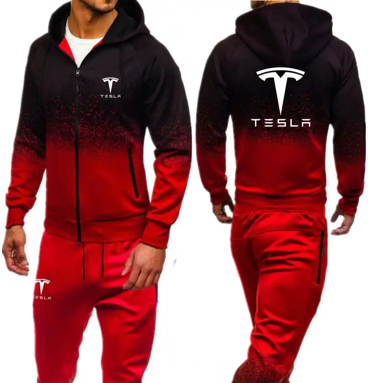 Мужской спортивный костюм с принтом Tesla, осень, спортивная одежда для мужчин, комплект из 2 предметов, толстовка на молнии с капюшоном, куртка+ штаны, Moleton, мужские комплекты - Цвет: color  2