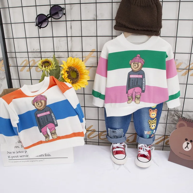 

Fashion Spring CHILDREN'S Suit Korean-style Contrast Color Stripes Crew Neck Pullover Hoody Versatile Jeans Two-Piece Set