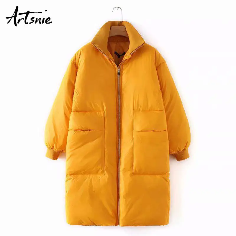 Artsnie/уличная одежда; повседневные Длинные парки для женщин; сезон осень-зима; с двойными карманами; на молнии; толстая теплая водолазка; пальто для девочек; куртка; mujer - Цвет: Yellow