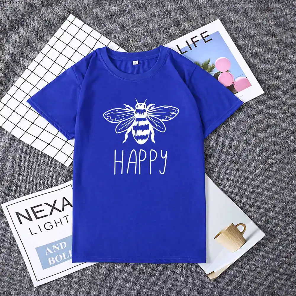 Синий Высококачественная женская футболка с принтом Happy Bees, хлопковые повседневные футболки, большие размеры 190 кг, женские топы с короткими рукавами, 16 цветов - Цвет: Синий