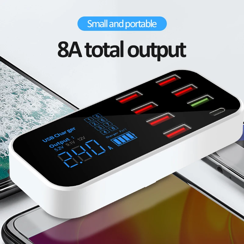 8 портов USB Автомобильное зарядное устройство светодиодный цифровой дисплей