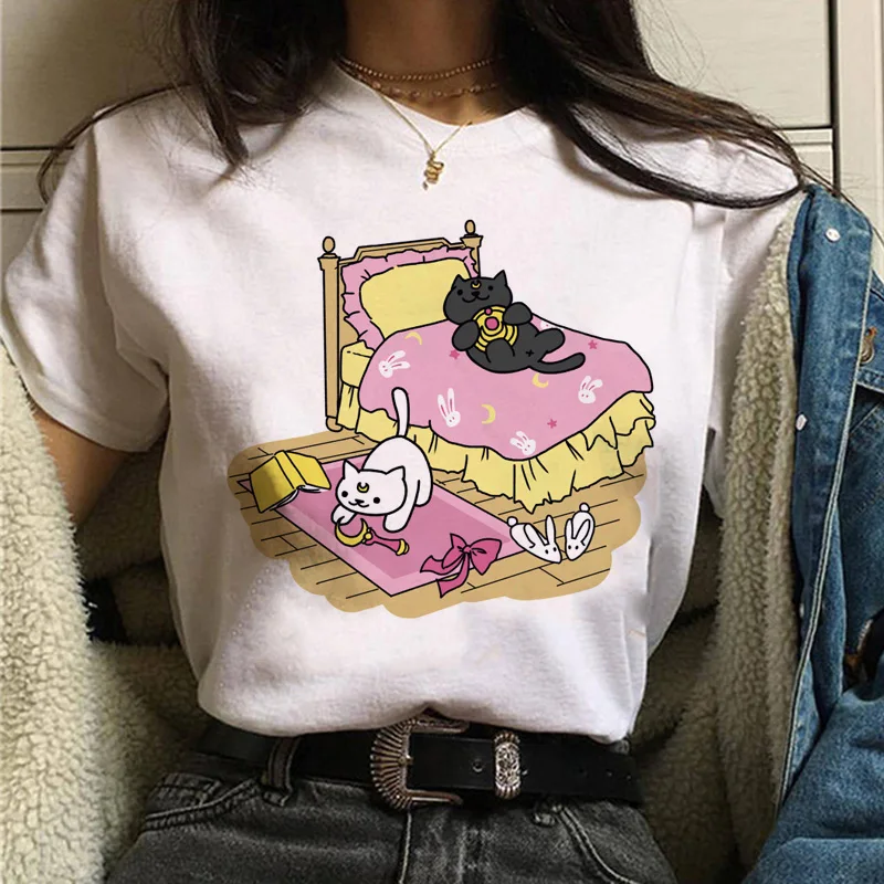 Сейлор Мун футболка Милая женская кошка harajuku ulzzang 90s футболка гранж каваи корейский стиль графическая футболка Женские футболки с принтом