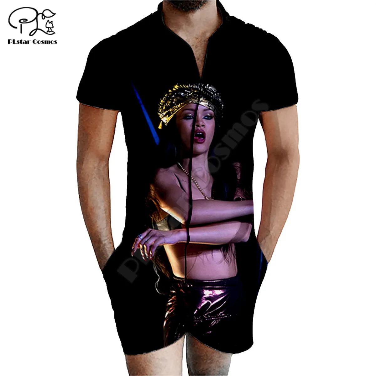 

PLstar Cosmos summer singer Rihanna 3D Printed Zipper Jumpsuit Short Sleeve One Piece Casual Overalls Outfits women for men