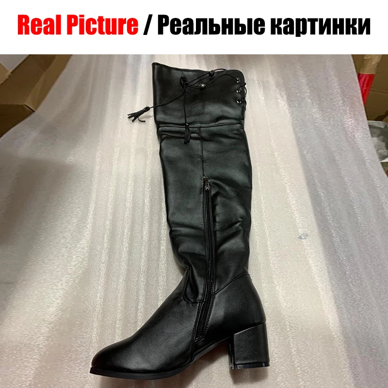 BONJOMARISA/Элегантные однотонные черные сапоги на каблуке размера плюс 32-45 г. Женские сапоги до колена из органической кожи женская обувь на высоком каблуке