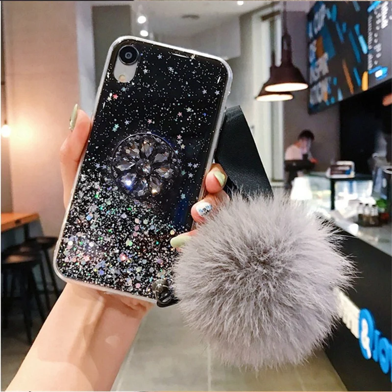 Note10Pro DIY держатель с кристаллами+ меховой шарик+ ремешок чехол для телефона для iPhone 11 PRO MAX 6 6s 8 7 Plus XSMAX XR градиентный блестящий чехол - Цвет: 10