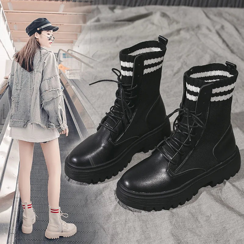 

Boots Martin 2019 England New Style Sub-Stripes Autumn And Winter Wind round-Toe Women's Elasticity Thin Boots Versatile Stripes