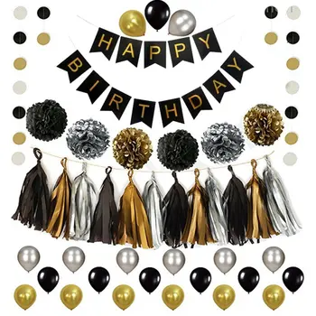 

Bronzing Birthday Pull Flag 16x20cm Birthday Party Supplies 12 Inch Balloon Black Gold Tassel Pullover Set