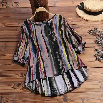 

ZANZEA Vintage Striped Shirt Summer Blouse Bohemian O Neck 3/4 Sleeve Casual Tops Femme Robe Irregular Hem Blusas Tunic Chemise