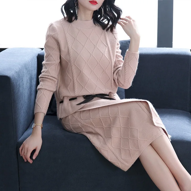 

High-end Ladies Knitted Skirt Suit Female 2019 Autumn and Winter Sashes Bow tie Long-sleeved O-neck Sweater and Split Skirt Sets