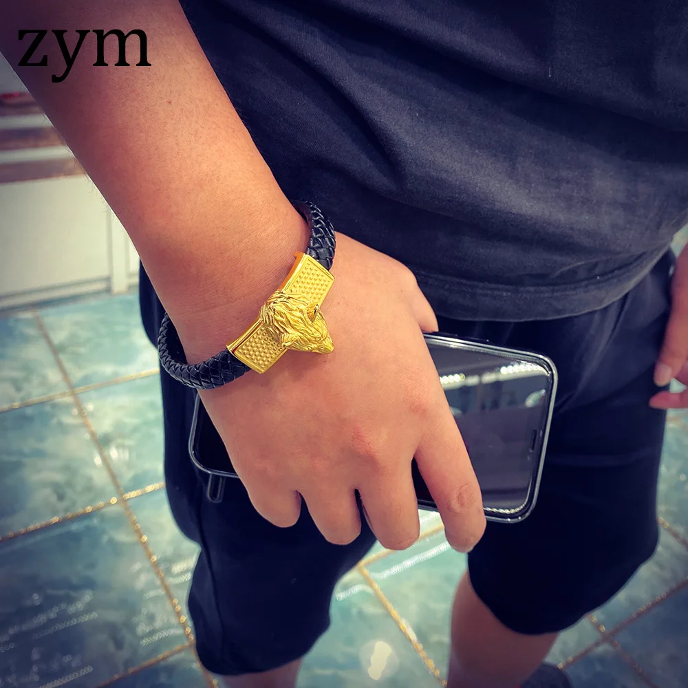 Zym2019Hot, брендовый браслет из нержавеющей стали, Волчья кожа, кожа, высокое качество, модный, персональный, агрессивный, мужской браслет